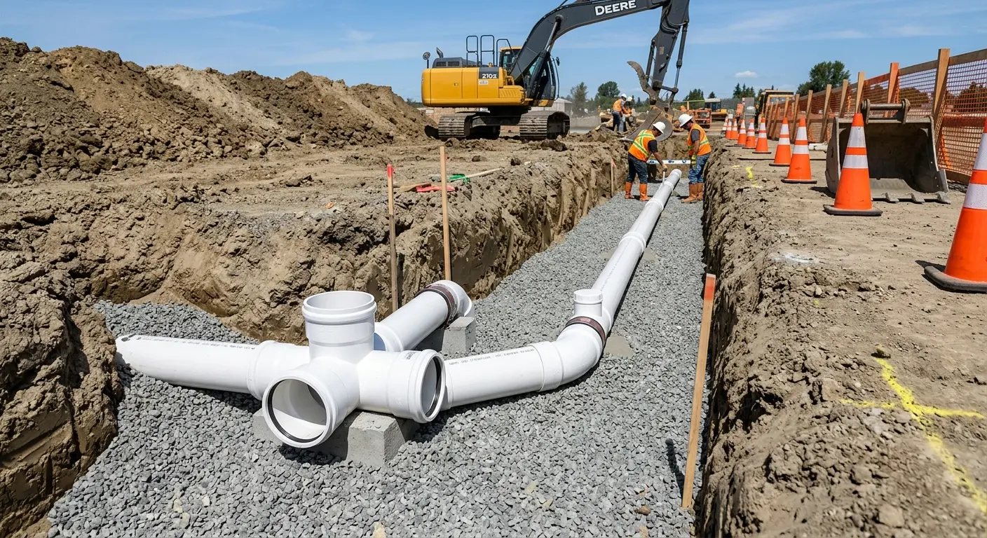 New PVC sewer pipe installation in open trench for Grease Trap Cleaning in Verona