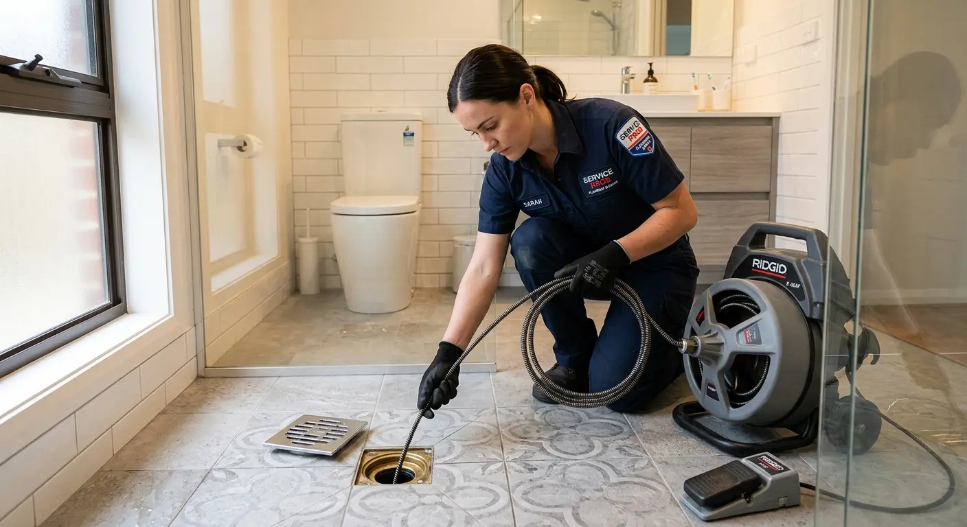 Technician clearing a bathroom floor drain for Hydro Jetting in Verona